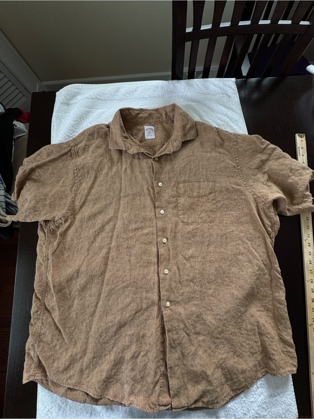 Brooks Brothers Men's Linen Short Sleeve Button-Up Shirt, Brown, XXL